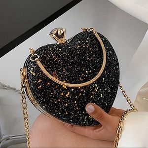 Black Glitter Heart Clutch Purse Statement Bridal Valentine OOTD
